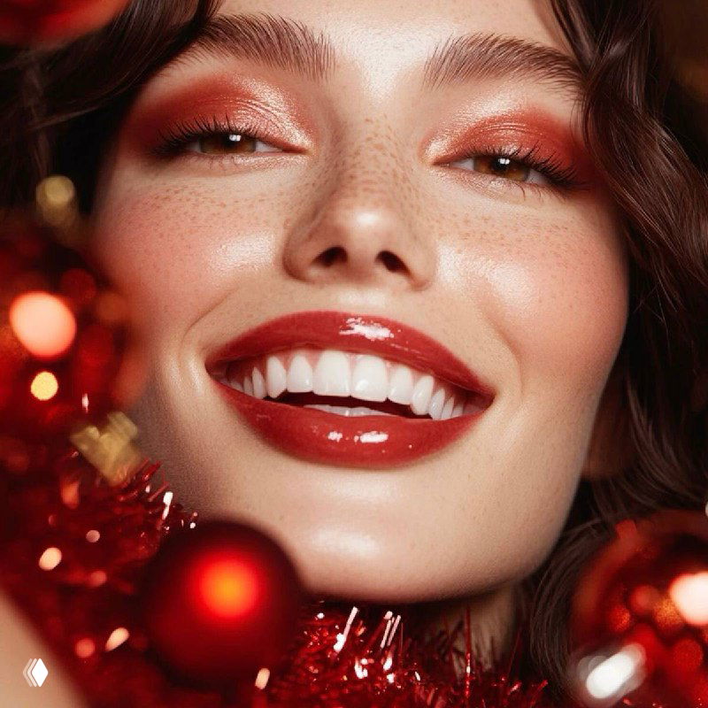 Крупный план улыбающейся женщины с ярким праздничным макияжем и декоративными красными шарами — рекламное фото праздничного образа.