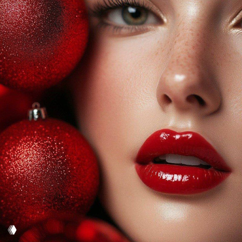 Крупный план лица модели с глянцевой красной помадой и рождественскими шарами рядом — концептуальное рекламное фото для сезона праздников.