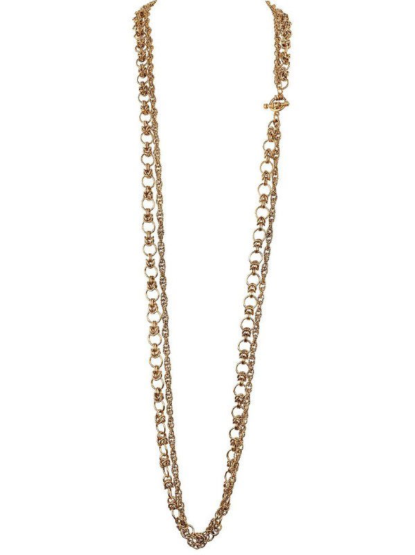 Длинная золотистая цепочка Fiore di Firenze крупным планом на белом фоне, видно плетение звеньев и конструкцию замка изделия.
