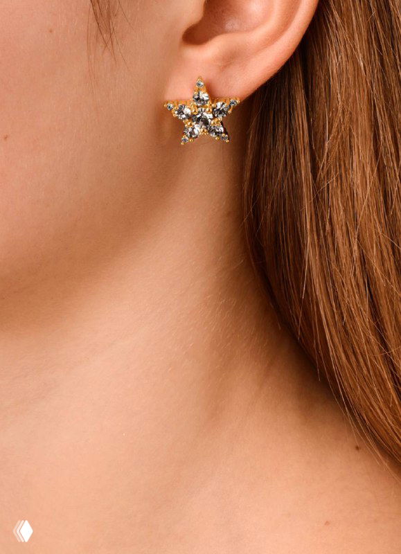 Модель в серьгах Dyrberg Kern в форме декорированной звезды — крупный план уха и кожи без распознаваемых черт лица, демонстрация посадки украшения.