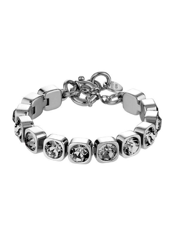 Серебристый браслет Dyrberg Kern с глянцевыми вставками и кристаллами, товарный снимок на белом фоне, демонстрация формы и застёжки.