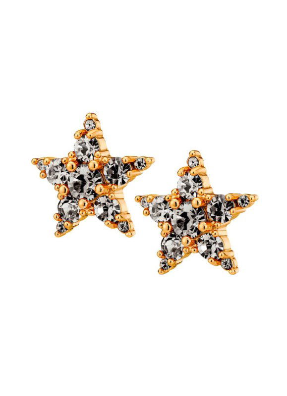 Пара золотистых серёжек Dyrberg Kern в форме звёзд, украшенные множеством мелких кристаллов на белом фонe, товарный студийный кадр.