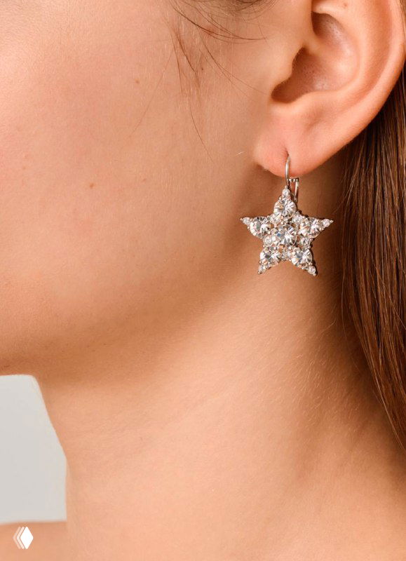 Модель в подвеске-звезде Dyrberg Kern, крупный план уха и шеи без идентифицируемых черт, демонстрация длины подвески и блеска кристаллов.