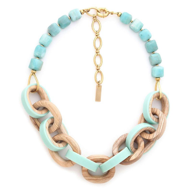 Ожерелье Nature Bijoux с бирюзовыми бусинами и деревянными звеньями в современном дизайне — товарный кадр для каталога.
