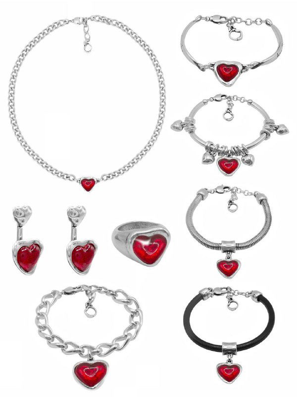 Несколько браслетов, колье и серьги с подвесками‑сердцами разного дизайна и отделки — подборка изделий коллекции в виде сетки из фотографий.