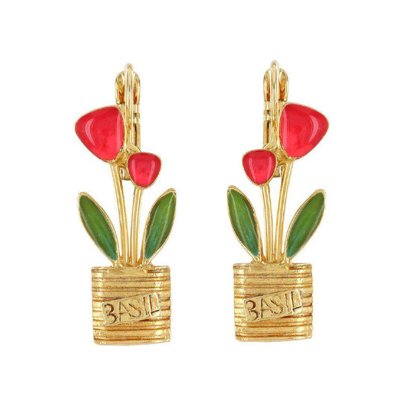 Серьги TARATATA в виде цветов в маленьких горшочках с красной эмалью и зелёными листиками — яркий садовый мотив в украшениях.