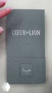 Серый подарочный футляр с крупным логотипом COEUR de LION, аккуратно держат в руках — упаковка брендовых украшений крупным планом.