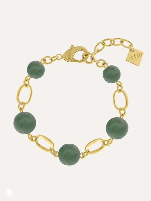 Крупный план золотого браслета VIDDA с круглыми зелёными бусинами и цепочными звеньями на светлом фоне — детальное изображение изделия