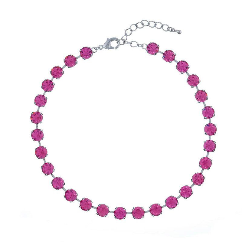 Розовый браслет-ожерелье с круглыми яркими кристаллами по окружности, товарное изображение на белом фоне без модели.