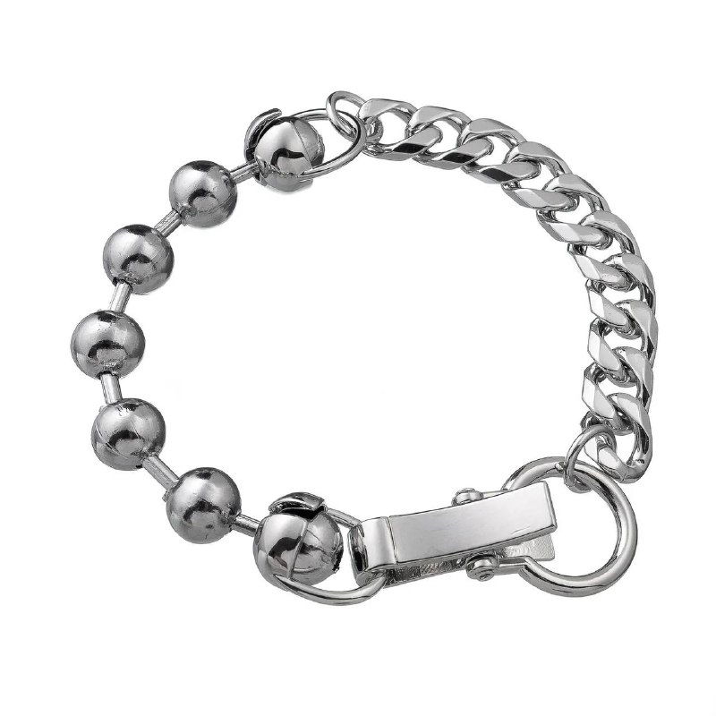 Серебристый браслет с шариковыми элементами и массивной звеньевой цепью, фотография товара на чистом белом фоне.