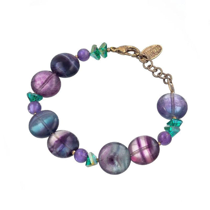 Яркий браслет Lanzerotti с матовыми и глянцевыми бусинами фиолетово-зелёной гаммы, показаны застёжка и сочетание полудрагоценных камней.