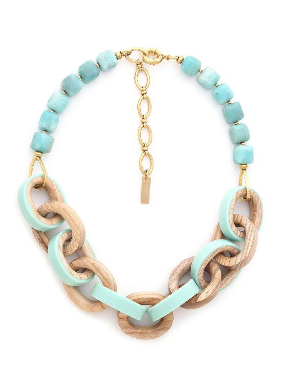 Ожерелье мятно‑деревянного оттенка из коллекции Mississippi: амазонитные бусины и деревянные звенья на белом фоне для каталога.