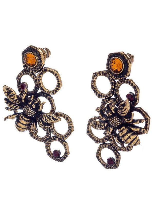 Декоративные серьги с изображением пчелы и сложной ажурной металлической работой, вставки янтарного тона и винтажная отделка