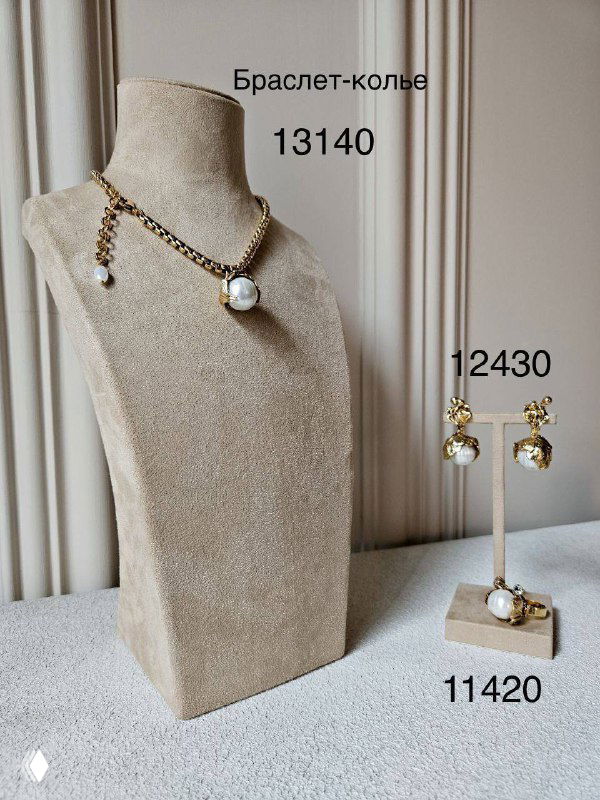 Браслет-ожерелье Claudio Canzian с подвесками из жемчуга и набор серег на подставке: показаны артикулы изделий и общая композиция для сравнения моделей.