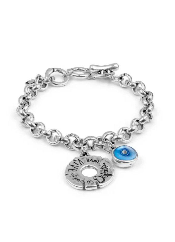 Товарное фото браслета Ciclon серии Disfrutar: цепочка из звеньев и круглый медальон с декоративной вставкой на белом фоне.