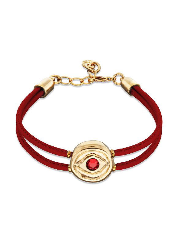 Студийное фото браслета с круглой центральной деталью на красных кожаных шнурках — вариант цветового исполнения коллекции Ser Intuitiva.