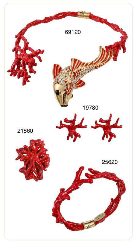 Красная коралловая колье и комплекты украшений Annibale Baldini: ожерелье, серьги и браслет в коралловом цвете, стилизованная морская тема.