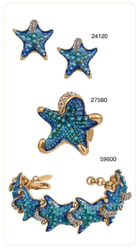 Набор украшений в виде синих морских звёзд с яркими кристаллами и золотыми ободками, браслет и серьги в единой тематике Annibale Baldini.