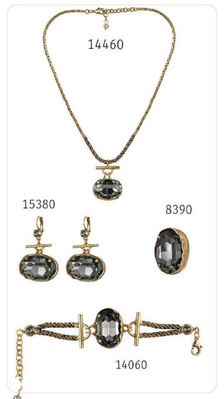 Каталожная страница с колье и комплектами Claudio Canzian: тёмно-серые и чёрные кристаллы в золотистой оправе, представлены цены и артикулы.
