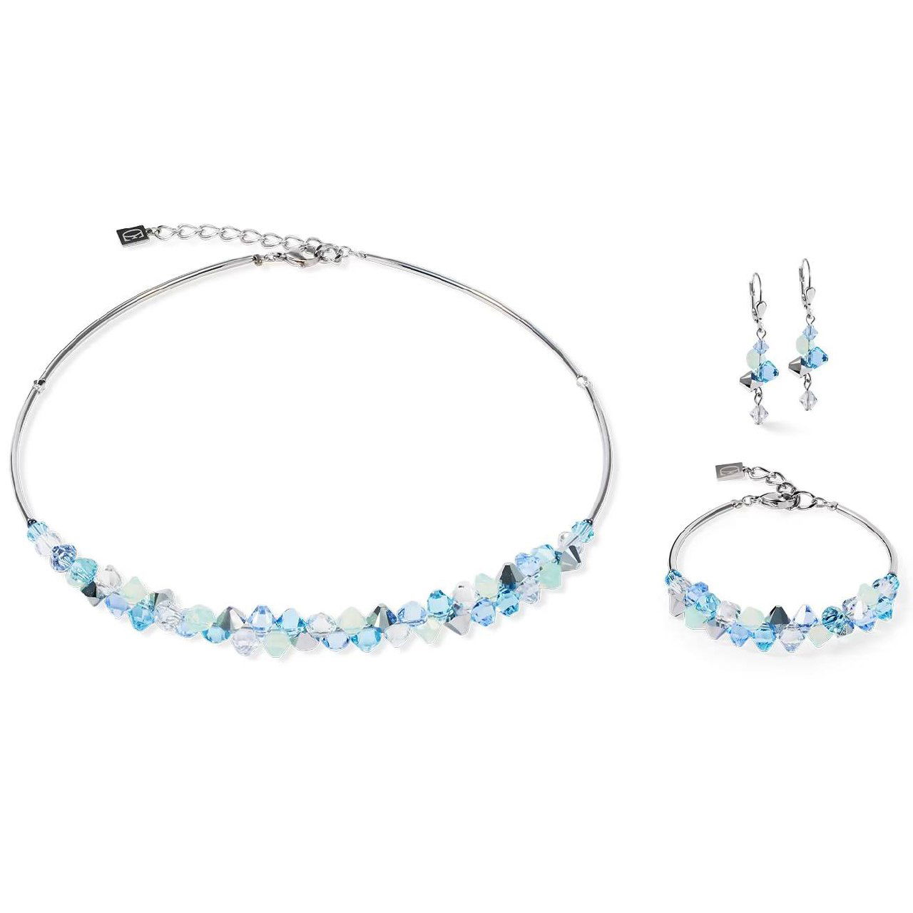 Колье и браслет Coeur de Lion в голубой гамме — ряд кристаллов Swarovski холодных оттенков на тонкой металлической основе