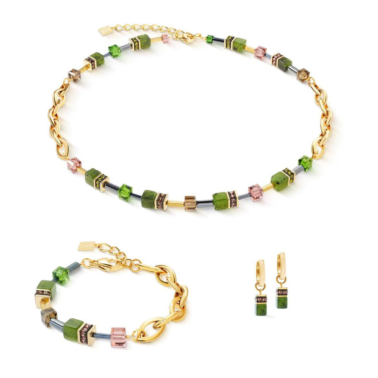 Кремово-золотой комплект Coeur de Lion: колье и браслет с жемчужными элементами и золотыми трубочками, дополненные серьгами в тон.