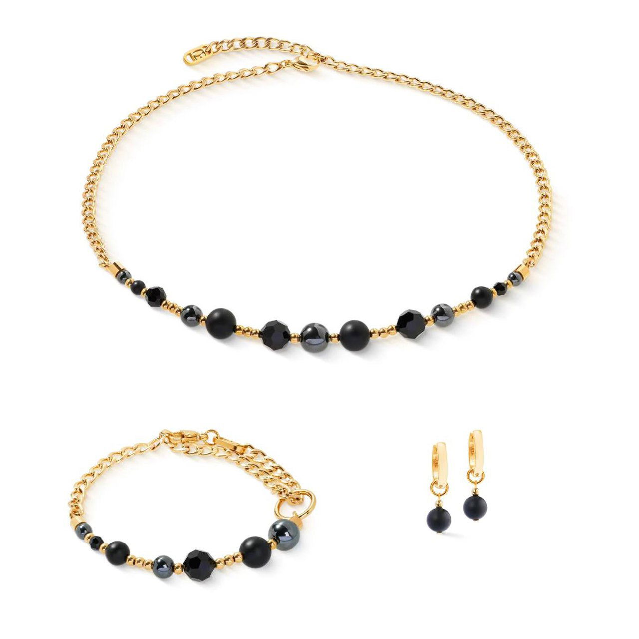 Разноцветный комплект Coeur de Lion: колье, браслет и серьги с зелёными и розовыми кубическими кристаллами и цепочкой из крупного звена.