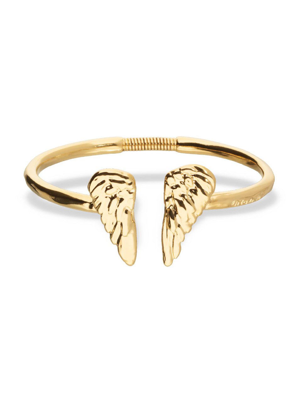 Золотой браслет с открытыми декоративными крыльями на концах, студийное фото на белом фоне — вариант в золотом покрытии из коллекции.