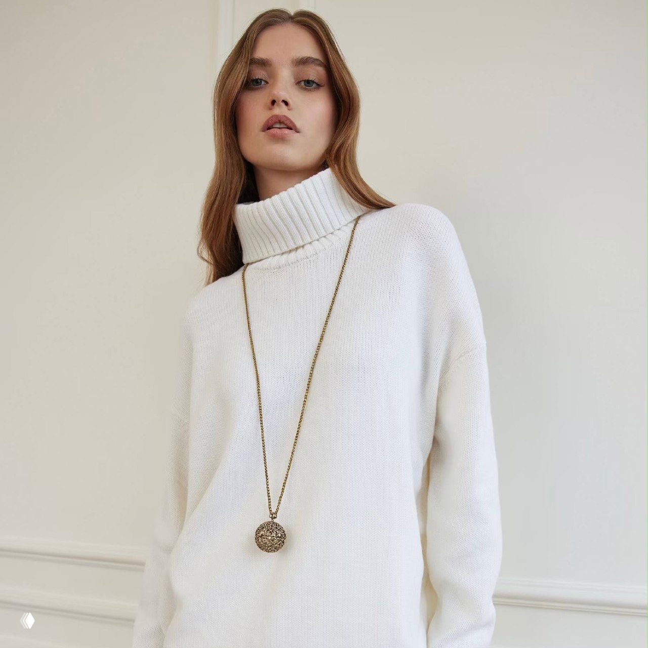Модель в длинном белом свитере с длинной цепочкой и подвеской SFERA: пример сочетания украшения с повседневной одеждой и длины изделия.