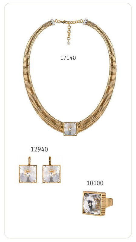 Каталожная страница с массивным золотым чокером, серьгами-квадратами и кольцом с большим прозрачным кристаллом, прейскурант рядом.