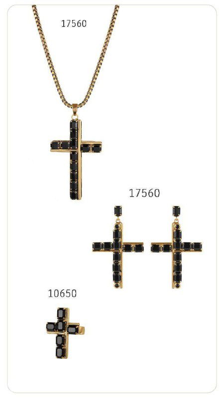 Каталожная страница с кулоном в виде чёрного креста и набором квадратных серьг и кольца в чёрной вставке, прейскурант рядом с изделиями.