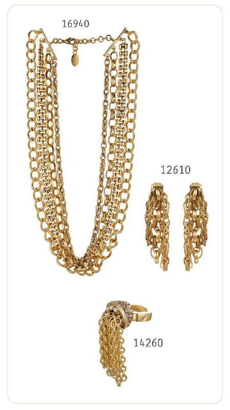 Каталожная страница с многорядным золотым ожерельем и подходящими серьгами и кольцом в едином стиле, показаны артикулы и цены на белом фоне.