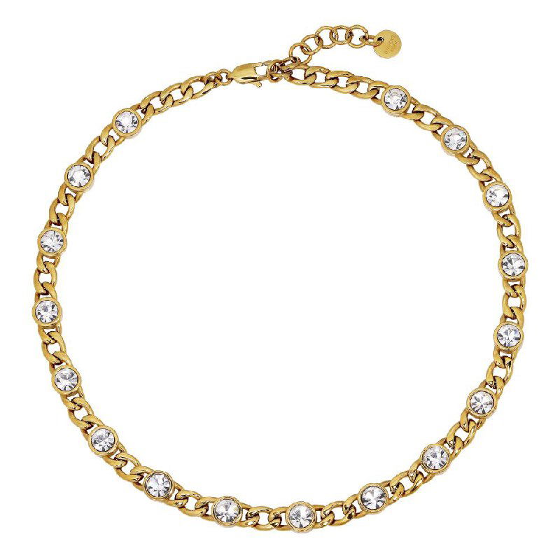 Круглый золотистый браслет Dyrberg Kern с крупными кристаллами по окружности на белом фоне; фото для каталога с детализацией вставок и застёжки.