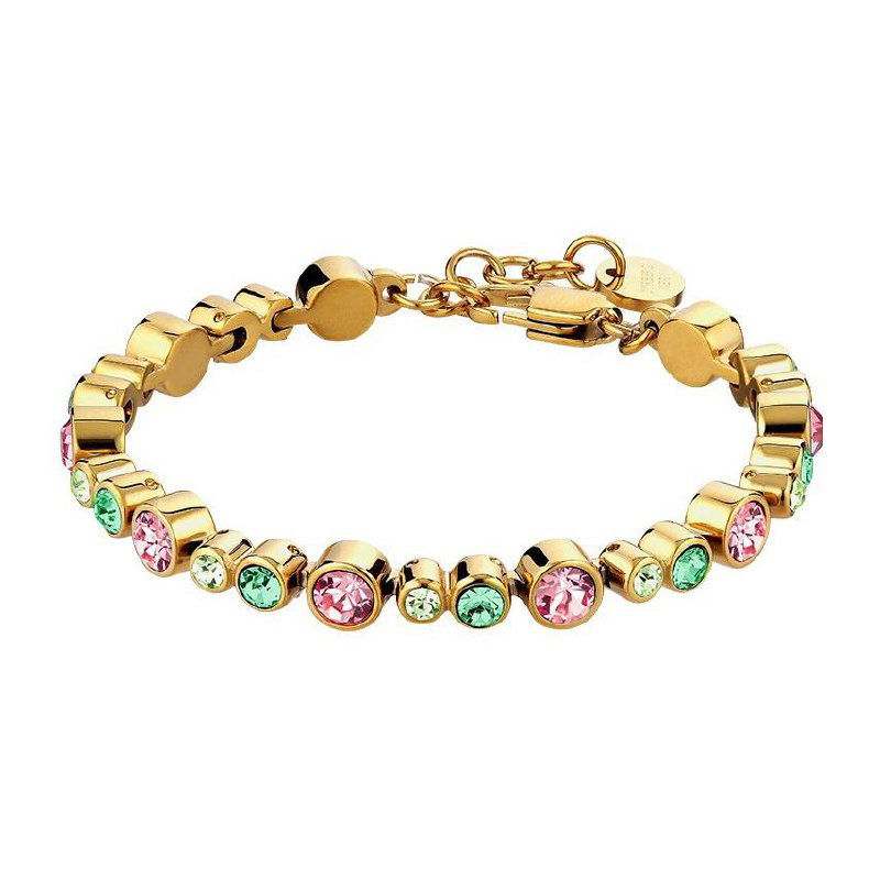 Золотистый браслет Dyrberg Kern с разноцветными круглыми кристаллами, аккуратно выложен на белом фоне для демонстрации оттенков и застёжки изделия.