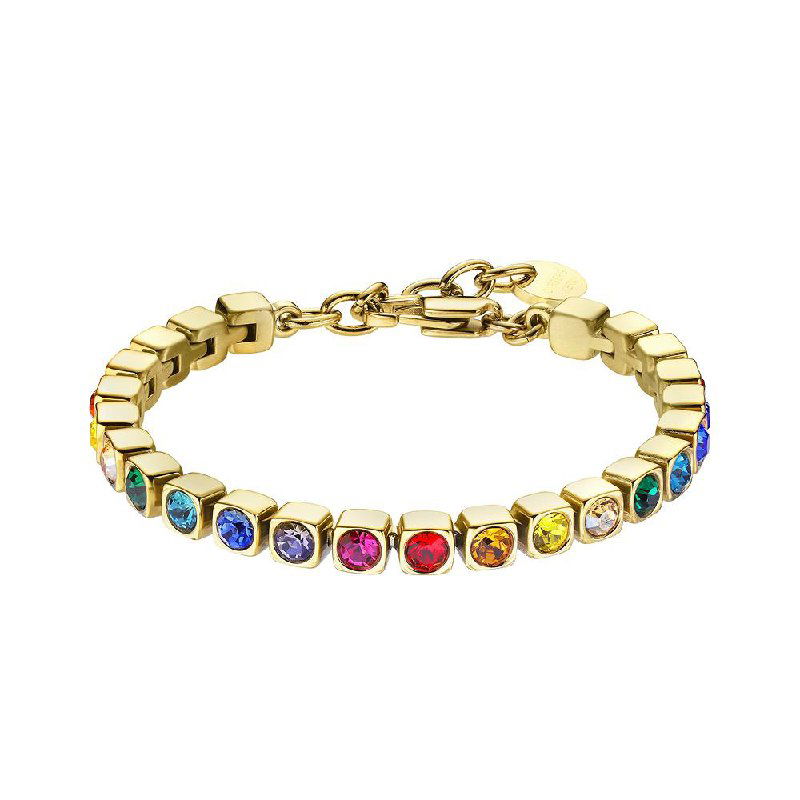 Тонкий браслет в золотом тоне с рядом многоцветных миниатюрных кристаллов, аккуратно оформленный на белом фоне для каталожного изображения.