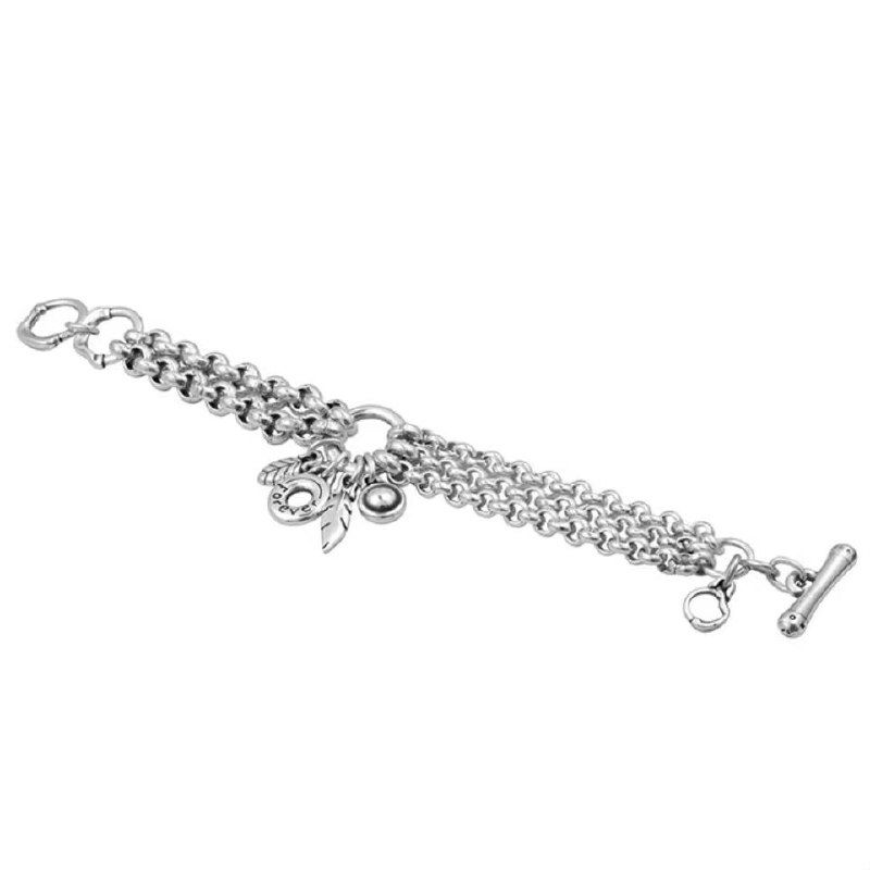 Плоский серебристый браслет-цепочка Ciclon, вид сбоку на белом фоне, акцент на текстуре и застёжке изделия.