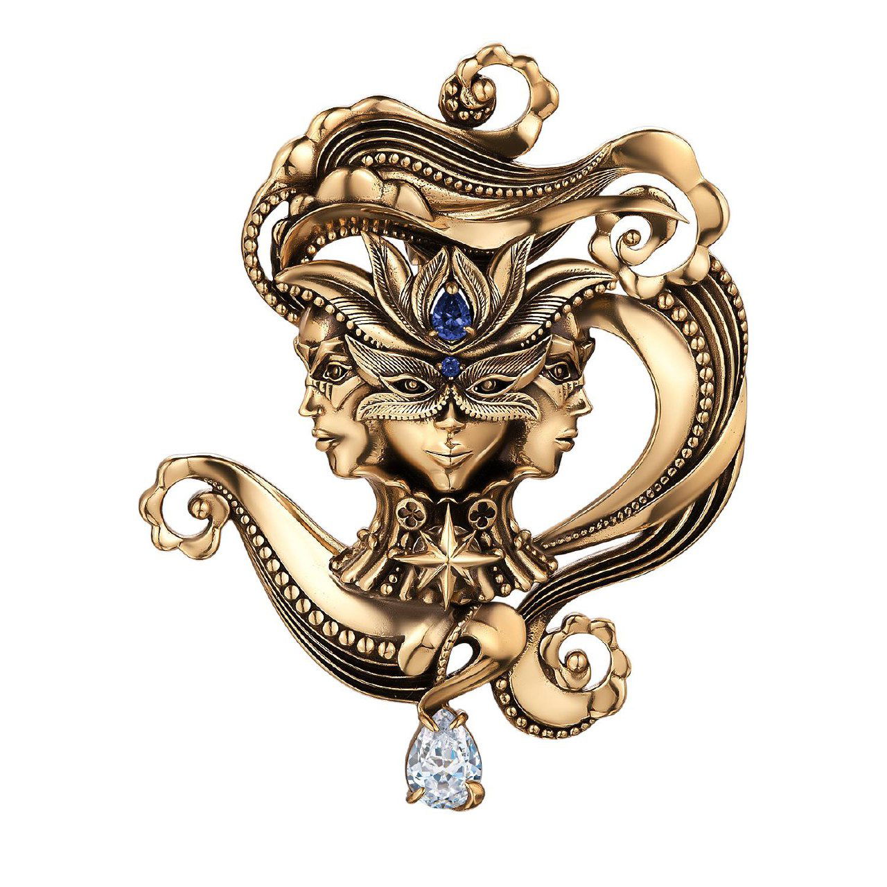 Крупный план детализации металлической броши в золотом тоне с маской и декоративными завитками, инкрустированной синими и прозрачными вставками.