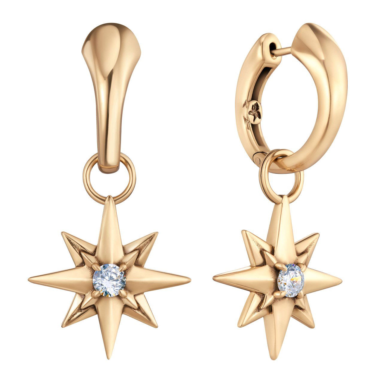 Золотистые подвесные серьги-«звезды» с центральными прозрачными кристаллами на белом фоне, минималистичный товарный ракурс изделия.