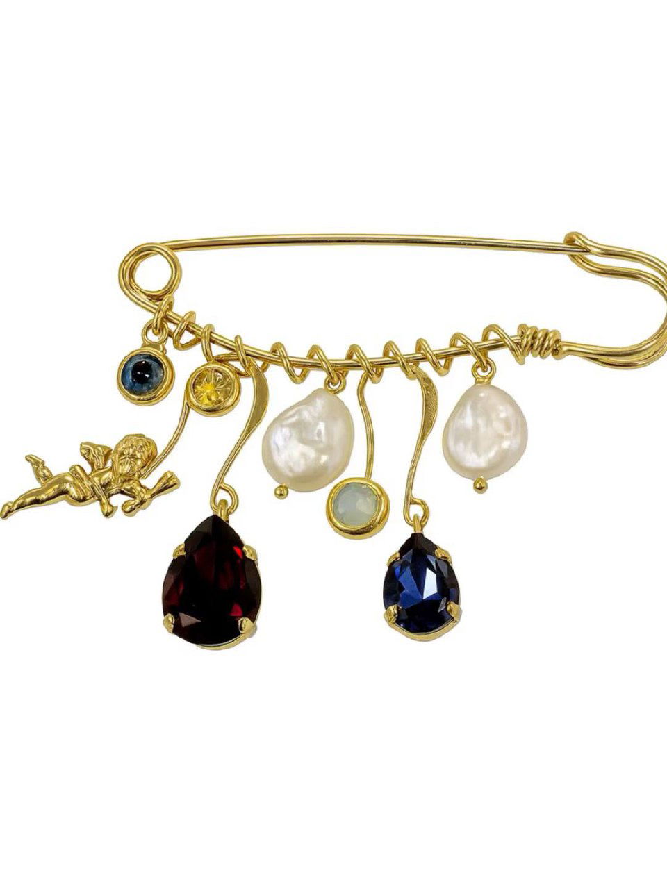Золотая булавка-бродилка с подвесками, жемчужинами и цветными кристаллами на белом фоне, крупный план декоративных элементов