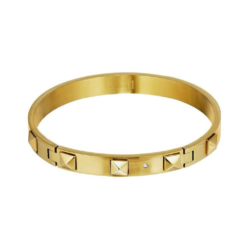 Золотистый каркасный бэнгл Dyrberg Kern на белом фоне: ровный браслет с декоративными квадратными элементами, лаконичный металлический дизайн.