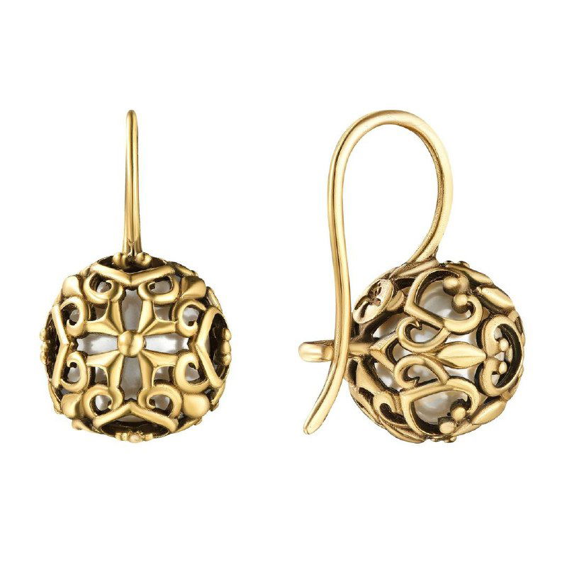 Подвесные серьги из коллекции Sferra от Fiore di Firenze: округлая ажурная форма, золотистая текстура и изящные детали на белом фоне.