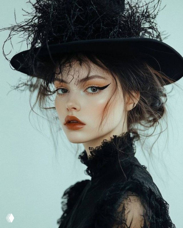 Портретная фотография модели в черном шляпном образе с акцентом на макияж и стилизованный лук, иллюстрация модной подачи украшений UNOde50.