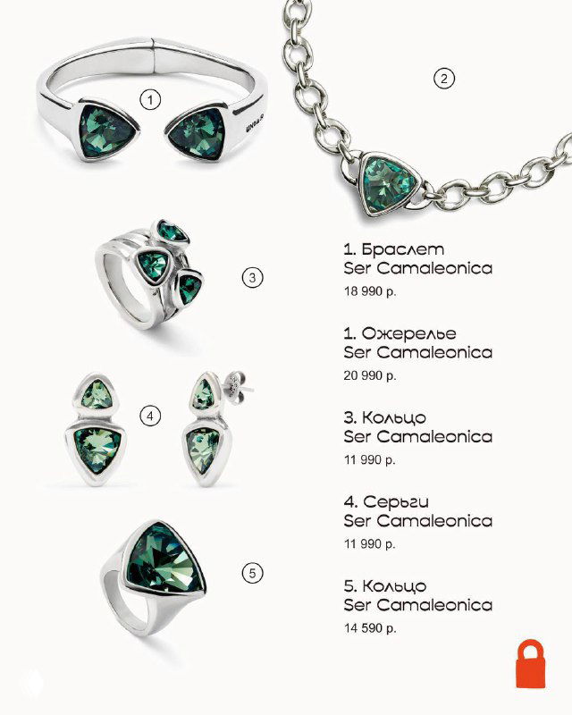 Каталоговый макет с изумрудными украшениями UNOde50: браслеты, серьги и кольца с пометками и ценами, фотография демонстрирует ассортимент коллекции.