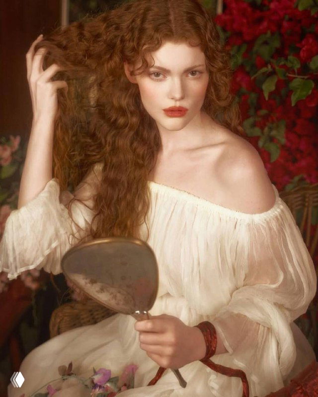 Портретная съемка модели с длинными рыжими волосами и зеркалом в руках, стилизованный художественный образ, дополняющий подачу коллекции UNOde50.