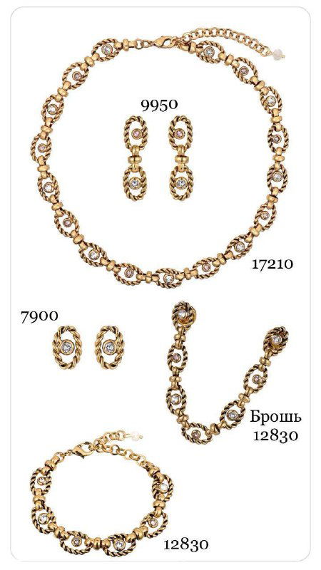 Фотоколлаж золотых украшений: ожерелье с мелкими камнями, серьги и браслет в едином стиле — вариант оформления каталога бренда.