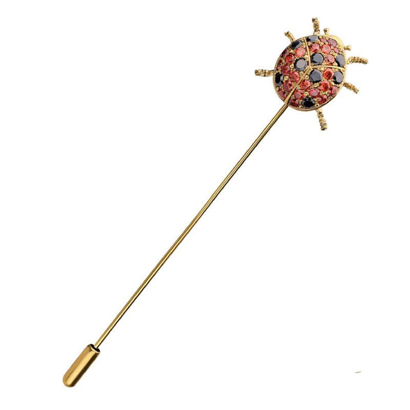 Длинная декоративная штифтовая булавка с божьей коровкой, тонкая и элегантная вещица на белом фоне для иллюстрации ассортимента брошек.