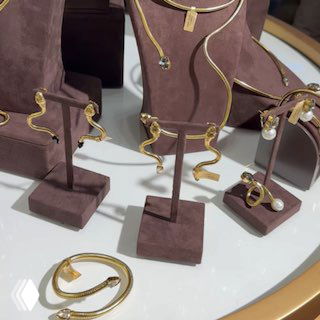 Несколько золотых украшений и серьги в форме змейки на бархатных подставках — стильные аксессуары из новой линии Claudio Canzian в витрине.