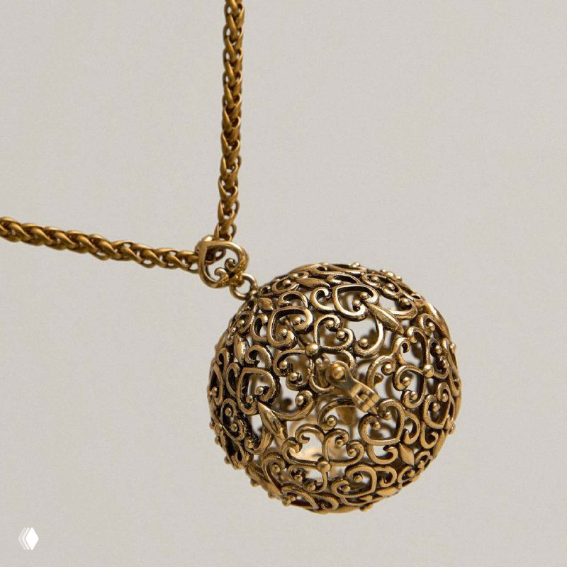 Крупное фото подвески-шара с ажурной филигранной оправой на золотистой цепочке — декоративный кулон в винтажном стиле Fiore di Firenze.