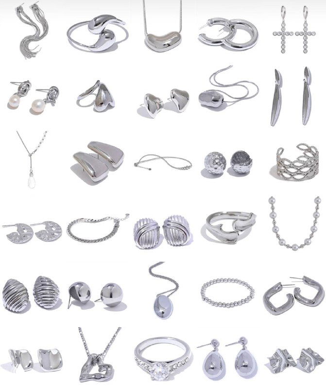 Фото ряда серебристых украшений NO SECRET: серьги, кольца, подвески, браслеты из стали с покрытием под серебро и кристаллами