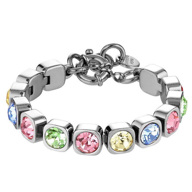 Серебристый браслет‑цепочка с крупными разноцветными инкрустациями кристаллов, каждая вставка в отдельной квадратной оправе, современный дизайн.
