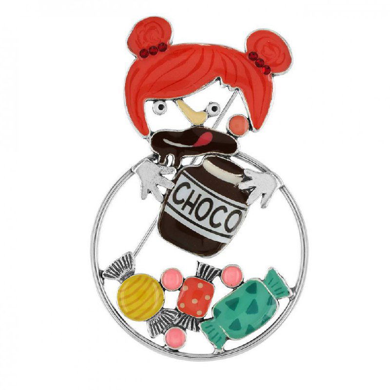 Игривая эмалевая брошь TARATATA с изображением девочки и конфет в круглом обрамлении, яркие цвета и декоративные элементы.